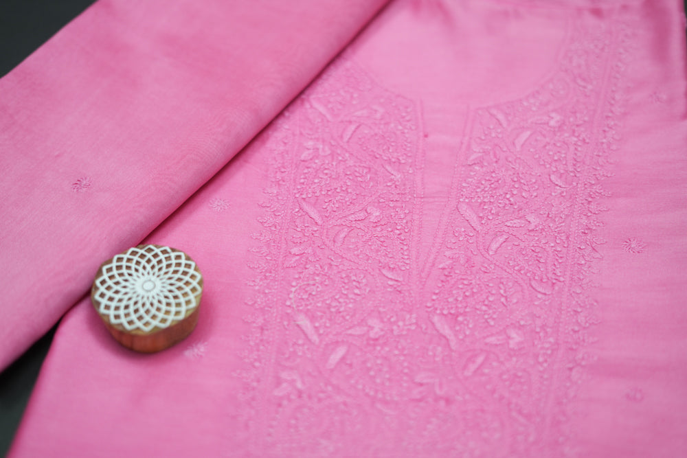 Soothing Pink Chanderi Unstitched Chikankari Suit Set
