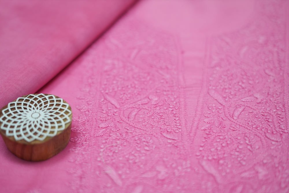 Soothing Pink Chanderi Unstitched Chikankari Suit Set