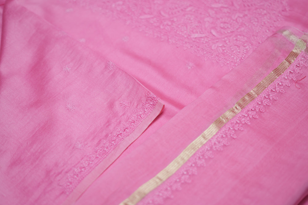Soothing Pink Chanderi Unstitched Chikankari Suit Set