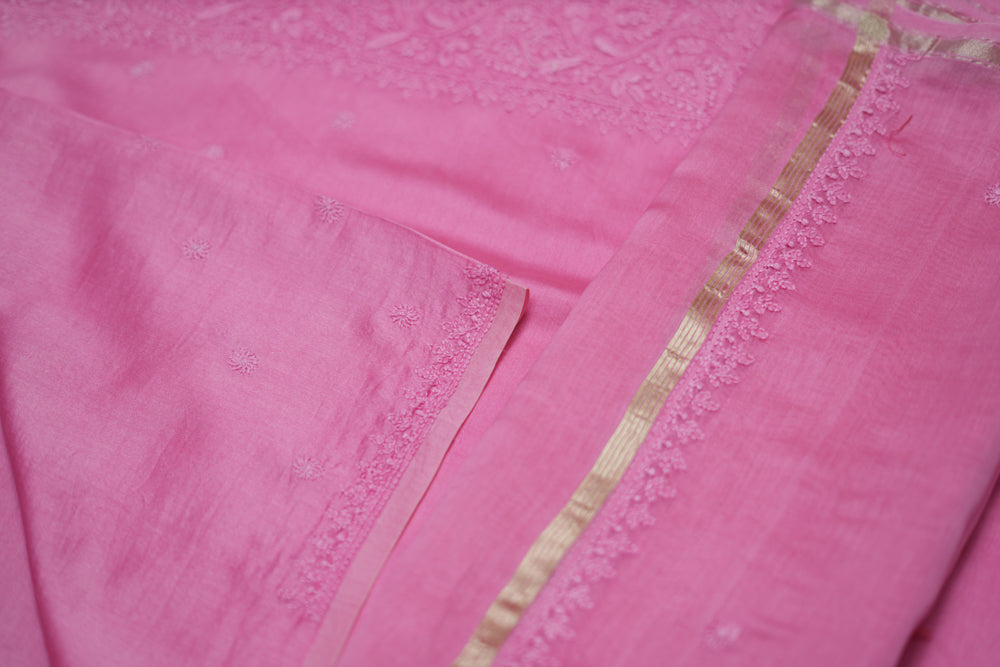 Soothing Pink Chanderi Unstitched Chikankari Suit Set