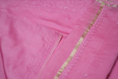 Soothing Pink Chanderi Unstitched Chikankari Suit Set