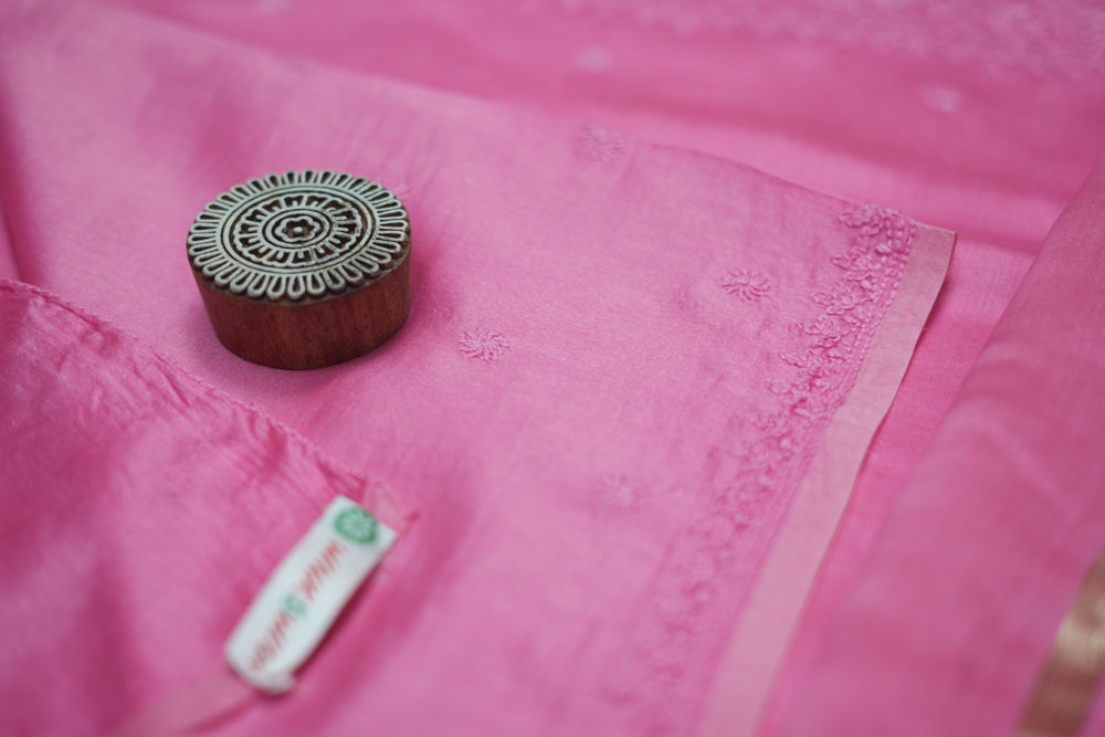 Soothing Pink Chanderi Unstitched Chikankari Suit Set