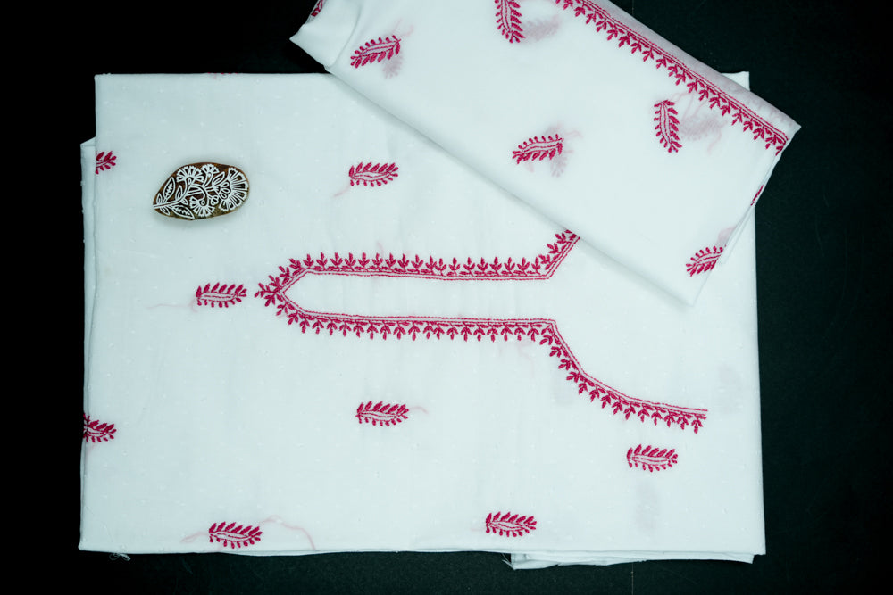 'Red Feathers' White Cotton Unstitched Chikankari Kurta Dupatta Set