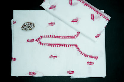 'Red Feathers' White Cotton Unstitched Chikankari Kurta Dupatta Set