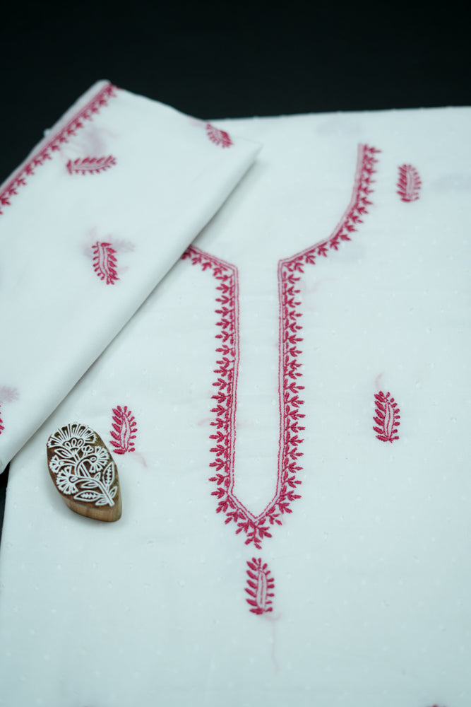 'Red Feathers' White Cotton Unstitched Chikankari Kurta Dupatta Set