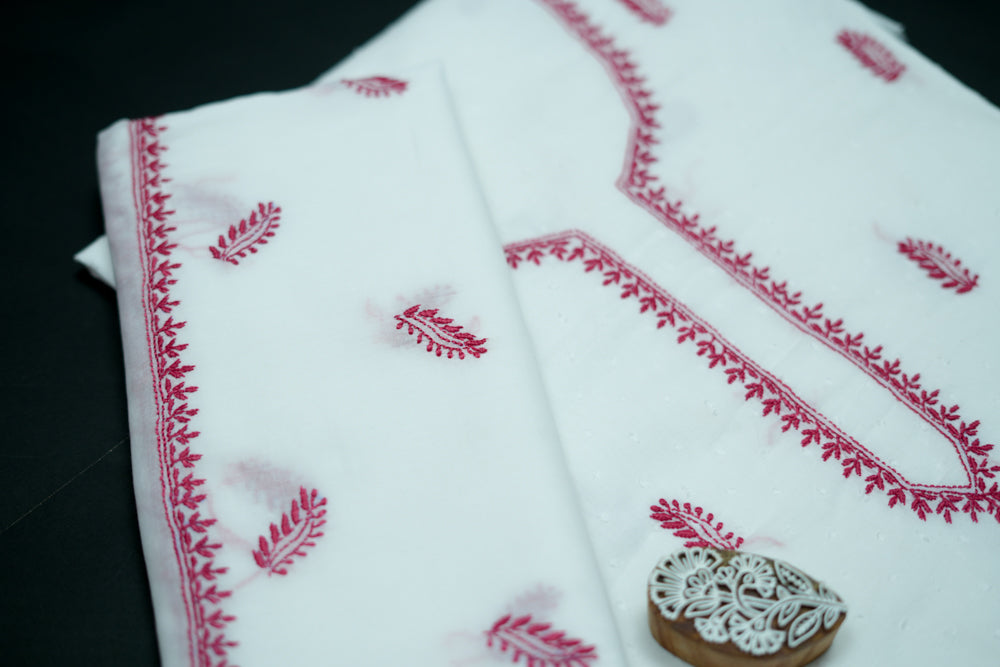 'Red Feathers' White Cotton Unstitched Chikankari Kurta Dupatta Set