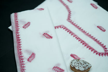 'Red Feathers' White Cotton Unstitched Chikankari Kurta Dupatta Set