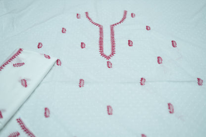 'Red Feathers' White Cotton Unstitched Chikankari Kurta Dupatta Set