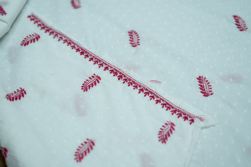 'Red Feathers' White Cotton Unstitched Chikankari Kurta Dupatta Set