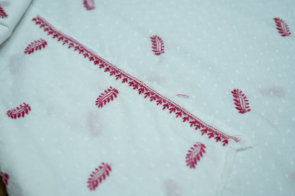 'Red Feathers' White Cotton Unstitched Chikankari Kurta Dupatta Set