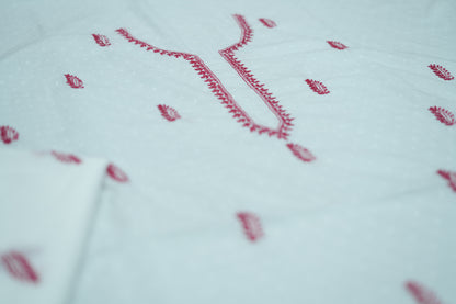 'Red Feathers' White Cotton Unstitched Chikankari Kurta Dupatta Set
