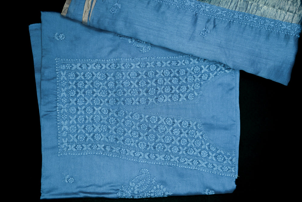 Smoky Azure' Blue Chanderi Unstitched Chikankari suit set