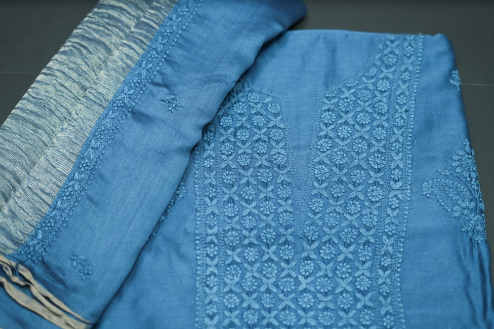 Smoky Azure' Blue Chanderi Unstitched Chikankari suit set