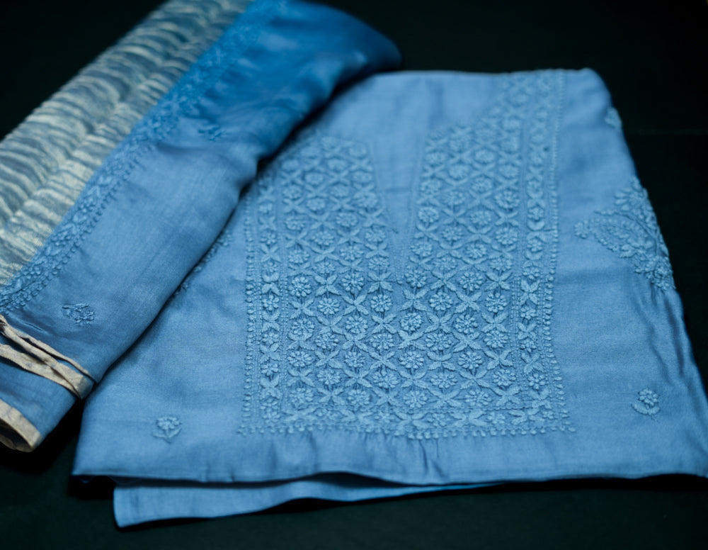 Smoky Azure' Blue Chanderi Unstitched Chikankari suit set