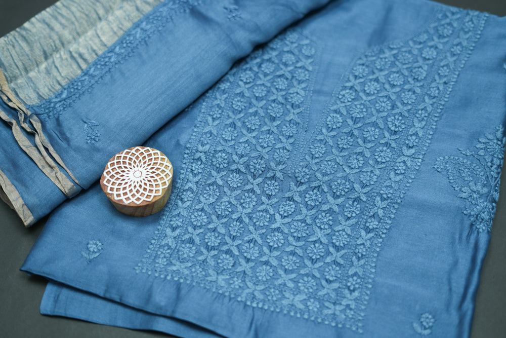 Smoky Azure' Blue Chanderi Unstitched Chikankari suit set