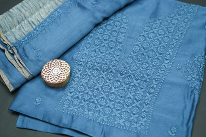 Smoky Azure' Blue Chanderi Unstitched Chikankari suit set