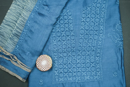 Smoky Azure' Blue Chanderi Unstitched Chikankari suit set