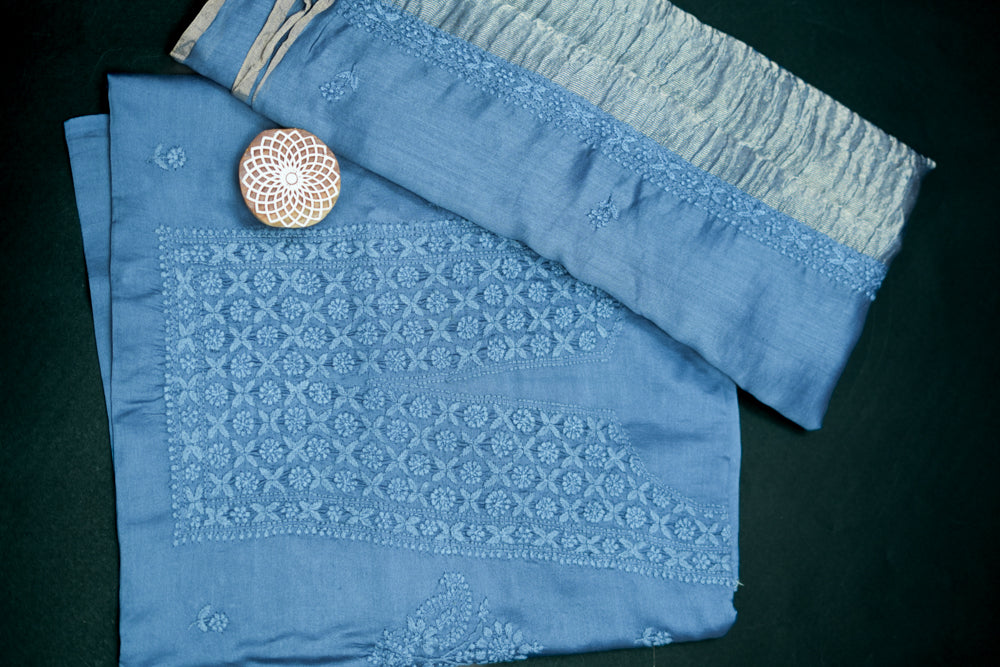 Smoky Azure' Blue Chanderi Unstitched Chikankari suit set