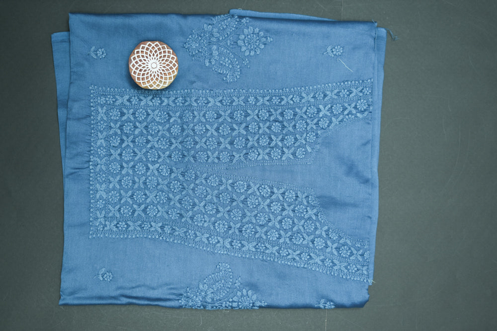 Smoky Azure' Blue Chanderi Unstitched Chikankari suit set