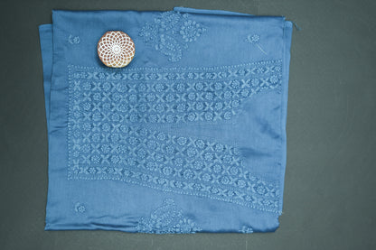 Smoky Azure' Blue Chanderi Unstitched Chikankari suit set