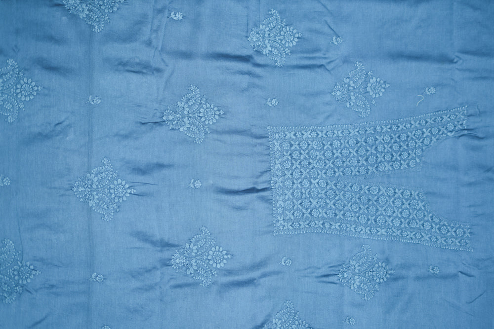 Smoky Azure' Blue Chanderi Unstitched Chikankari suit set