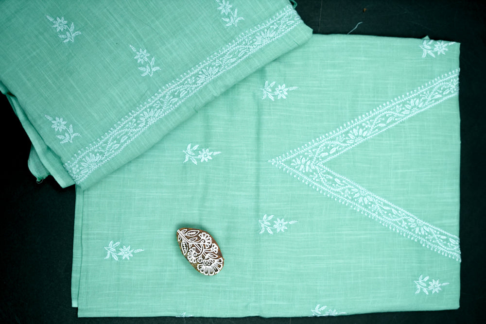 'Elegant Pista Green' V-neck Cotton Unstitched Chikankari Kurta Pant Set