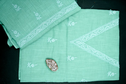 'Elegant Pista Green' V-neck Cotton Unstitched Chikankari Kurta Pant Set