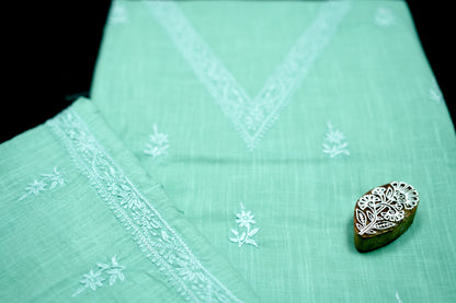 'Elegant Pista Green' V-neck Cotton Unstitched Chikankari Kurta Pant Set