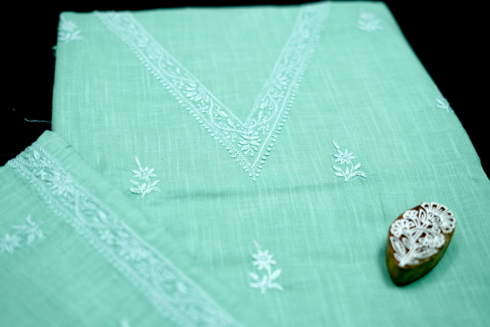 'Elegant Pista Green' V-neck Cotton Unstitched Chikankari Kurta Pant Set