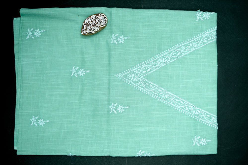 'Elegant Pista Green' V-neck Cotton Unstitched Chikankari Kurta Pant Set