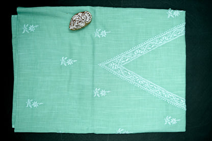 'Elegant Pista Green' V-neck Cotton Unstitched Chikankari Kurta Pant Set