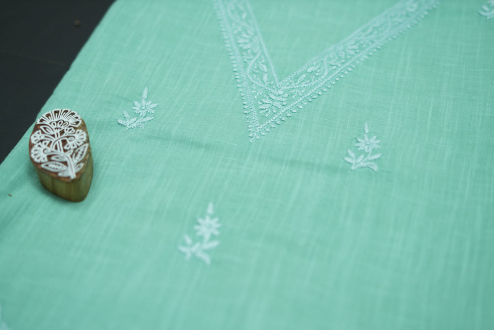 'Elegant Pista Green' V-neck Cotton Unstitched Chikankari Kurta Pant Set