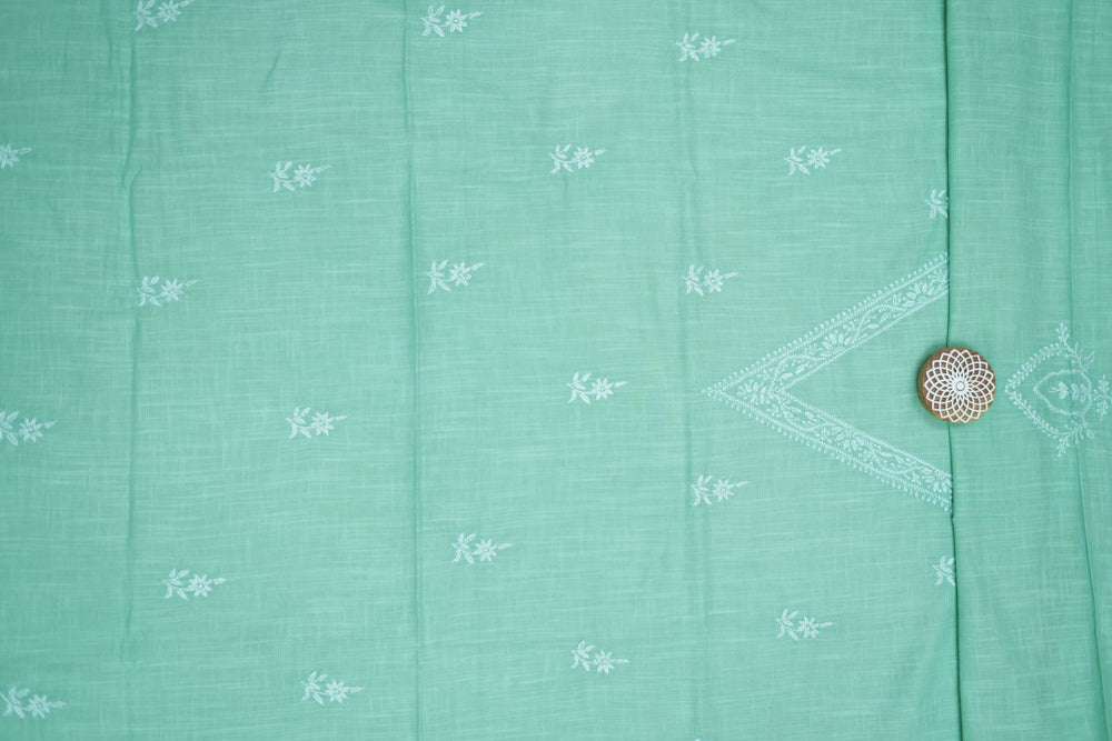'Elegant Pista Green' V-neck Cotton Unstitched Chikankari Kurta Pant Set