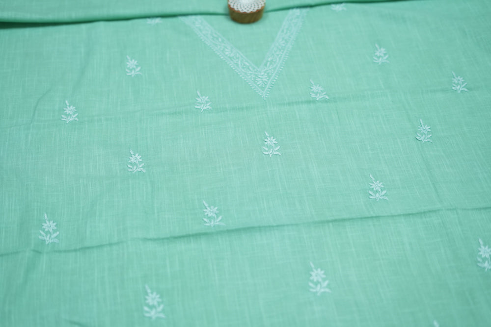 'Elegant Pista Green' V-neck Cotton Unstitched Chikankari Kurta Pant Set