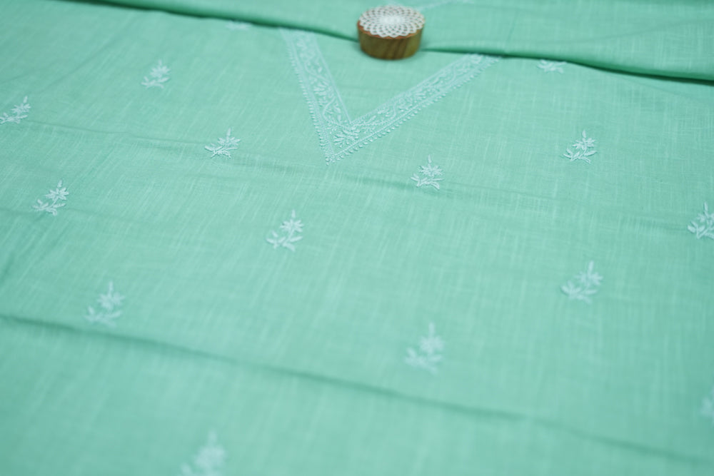 'Elegant Pista Green' V-neck Cotton Unstitched Chikankari Kurta Pant Set