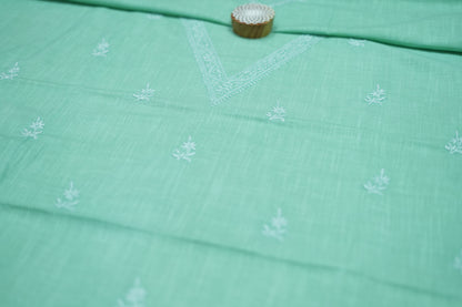 'Elegant Pista Green' V-neck Cotton Unstitched Chikankari Kurta Pant Set