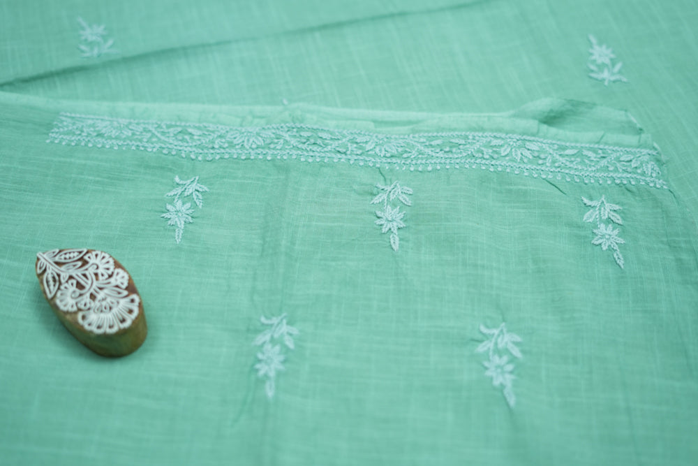 'Elegant Pista Green' V-neck Cotton Unstitched Chikankari Kurta Pant Set
