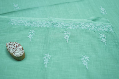 'Elegant Pista Green' V-neck Cotton Unstitched Chikankari Kurta Pant Set
