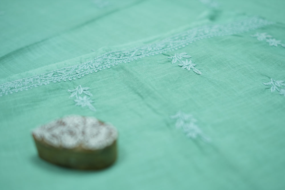 'Elegant Pista Green' V-neck Cotton Unstitched Chikankari Kurta Pant Set