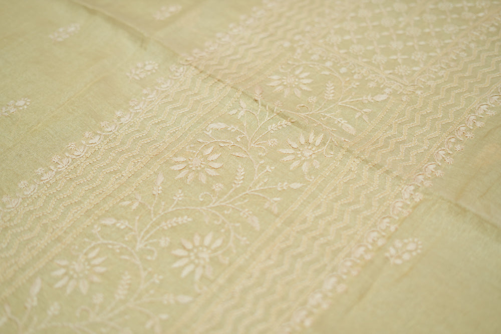 Ivory Tissue Chanderi Unstitched Chikankari Suit set