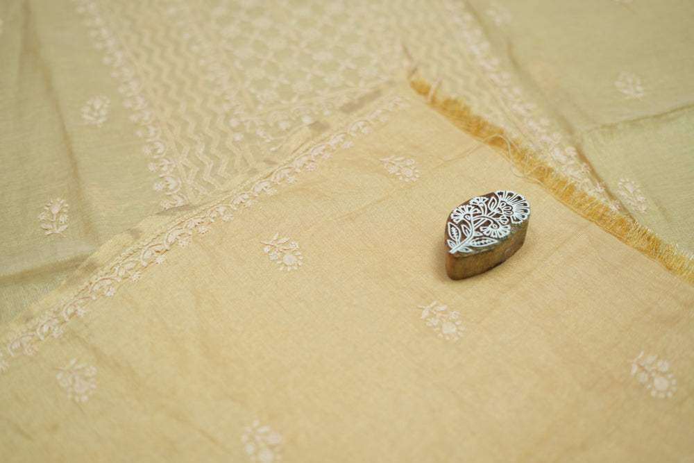 Ivory Tissue Chanderi Unstitched Chikankari Suit set