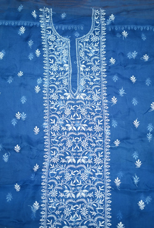 'Royal Blue'  Pure Organza Unstitched Chikankari Suit Set