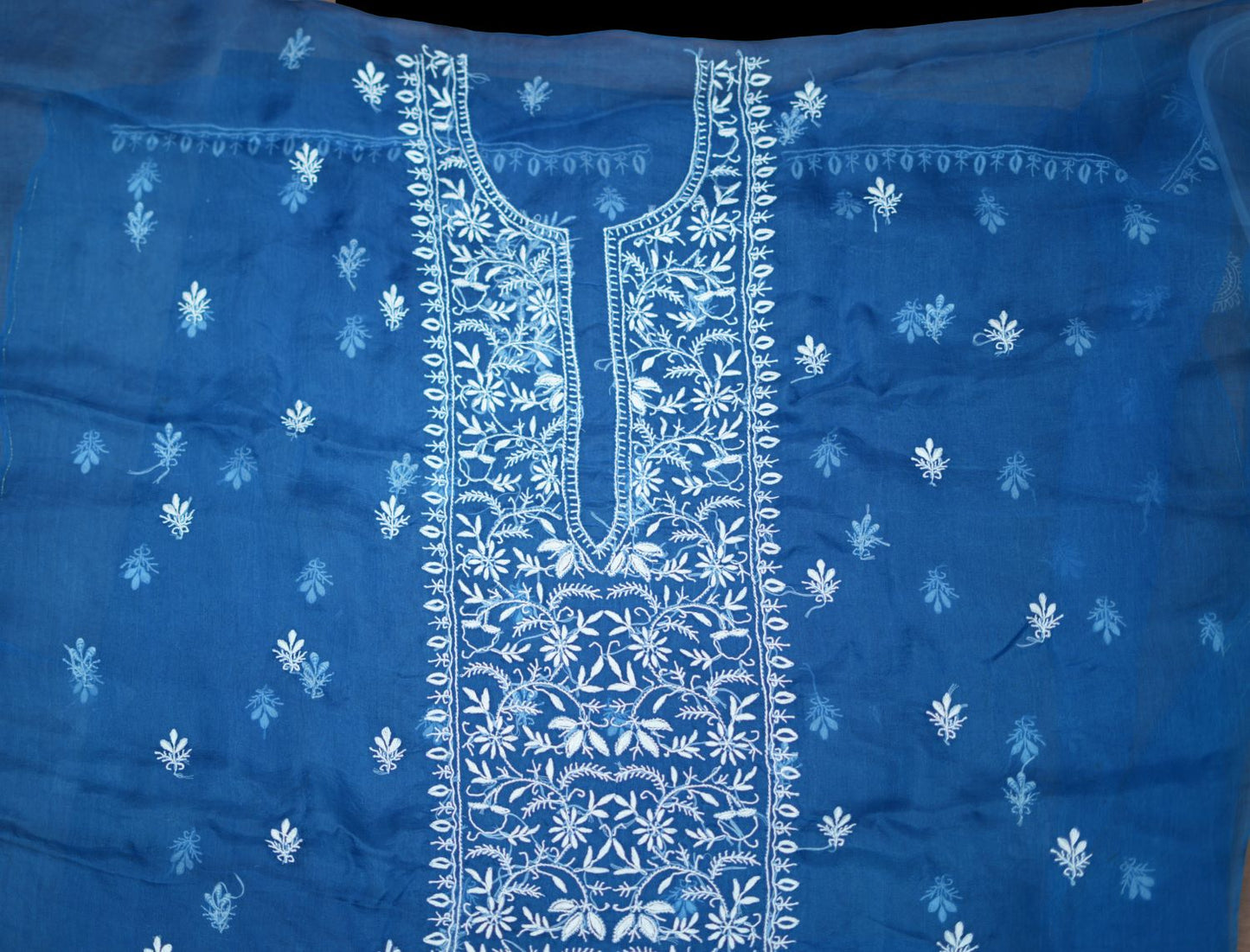 'Royal Blue'  Pure Organza Unstitched Chikankari Suit Set