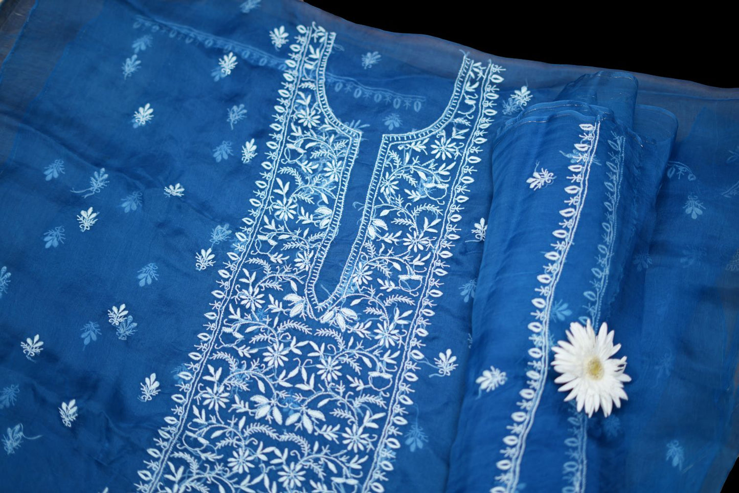 'Royal Blue'  Pure Organza Unstitched Chikankari Suit Set