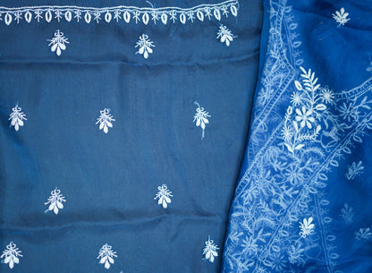 'Royal Blue'  Pure Organza Unstitched Chikankari Suit Set