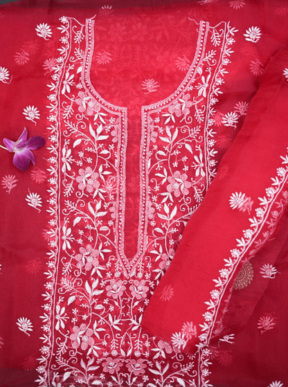 'Poppy Red'  Pure Organza Unstitched Chikankari Suit Set