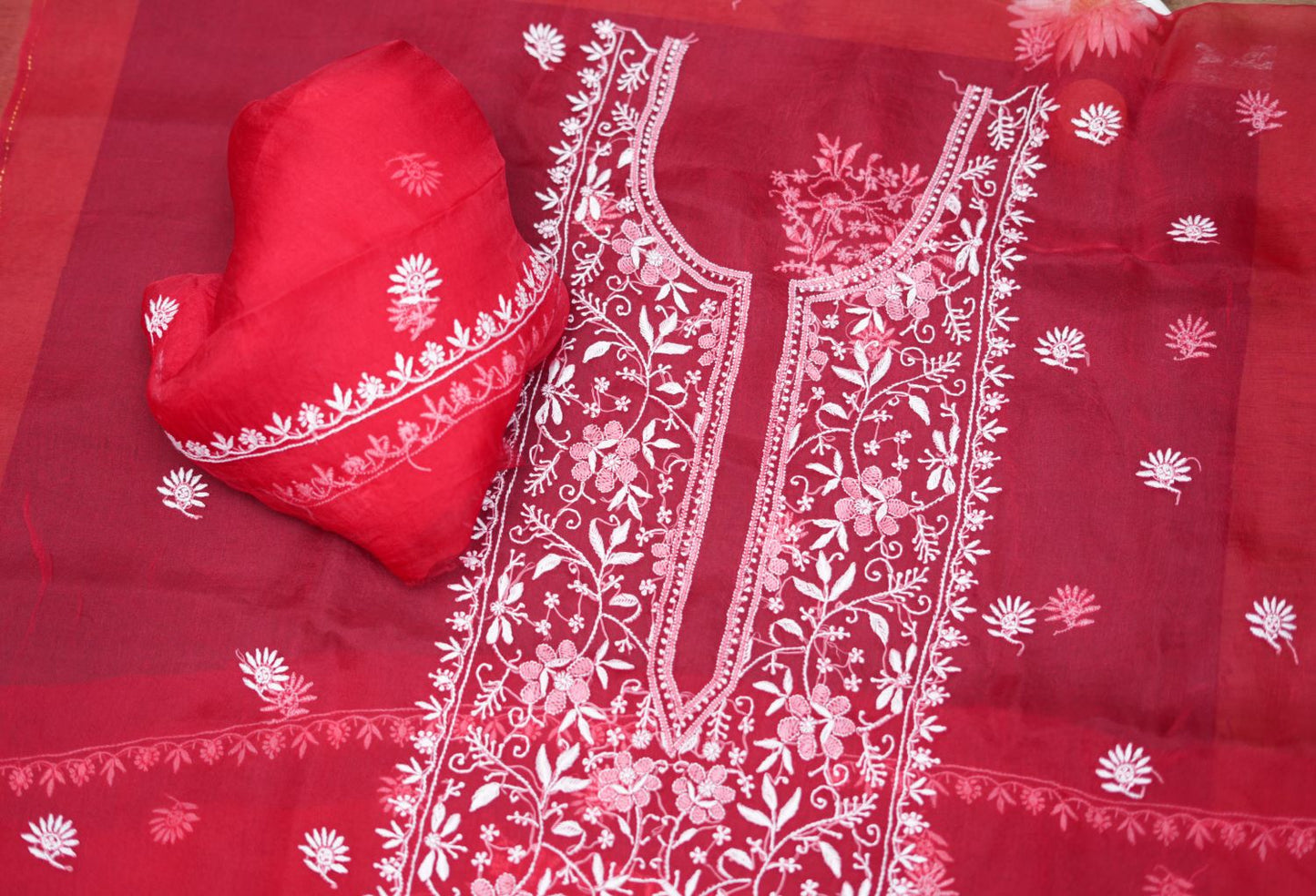 'Poppy Red'  Pure Organza Unstitched Chikankari Suit Set