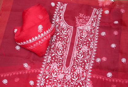 'Poppy Red'  Pure Organza Unstitched Chikankari Suit Set