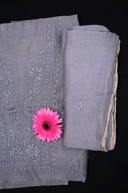 'Ash Lavender' Mul Chanderi Chikankari Unstitched Suit Set