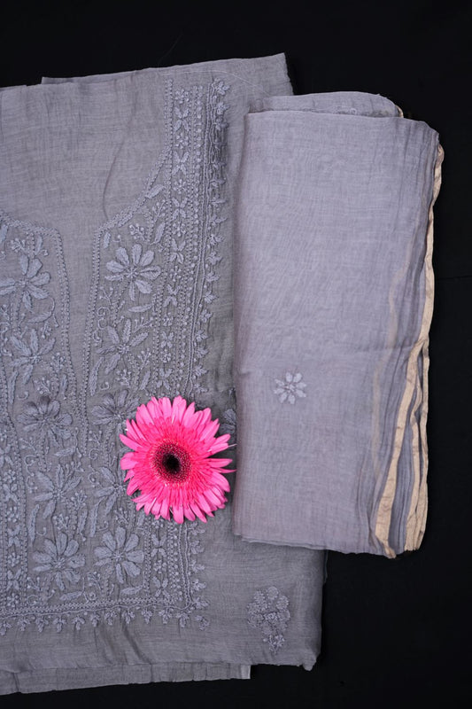 'Ash Lavender' Mul Chanderi Chikankari Unstitched Suit Set